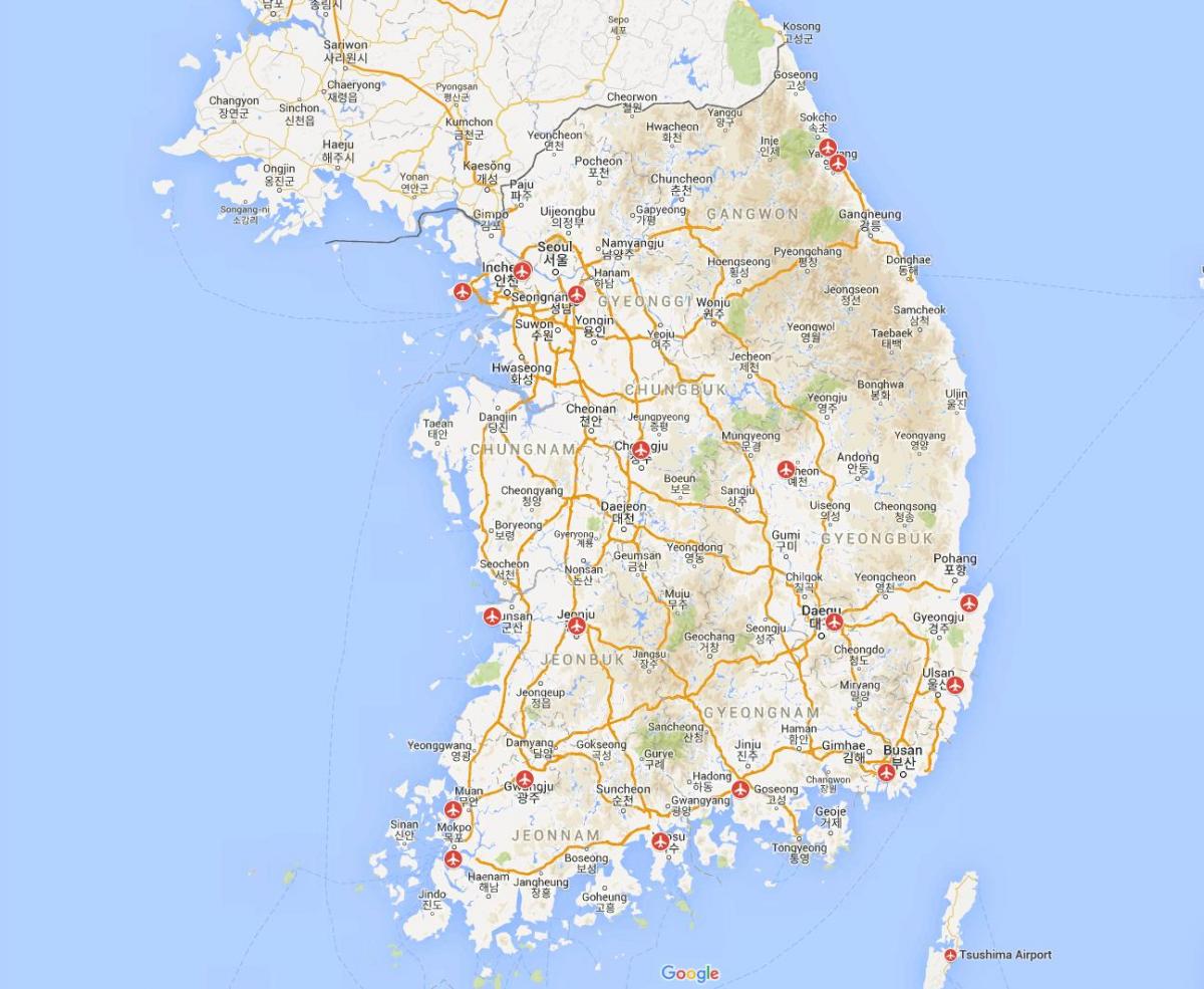 Carte des aéroports de la Corée du Sud (ROK)