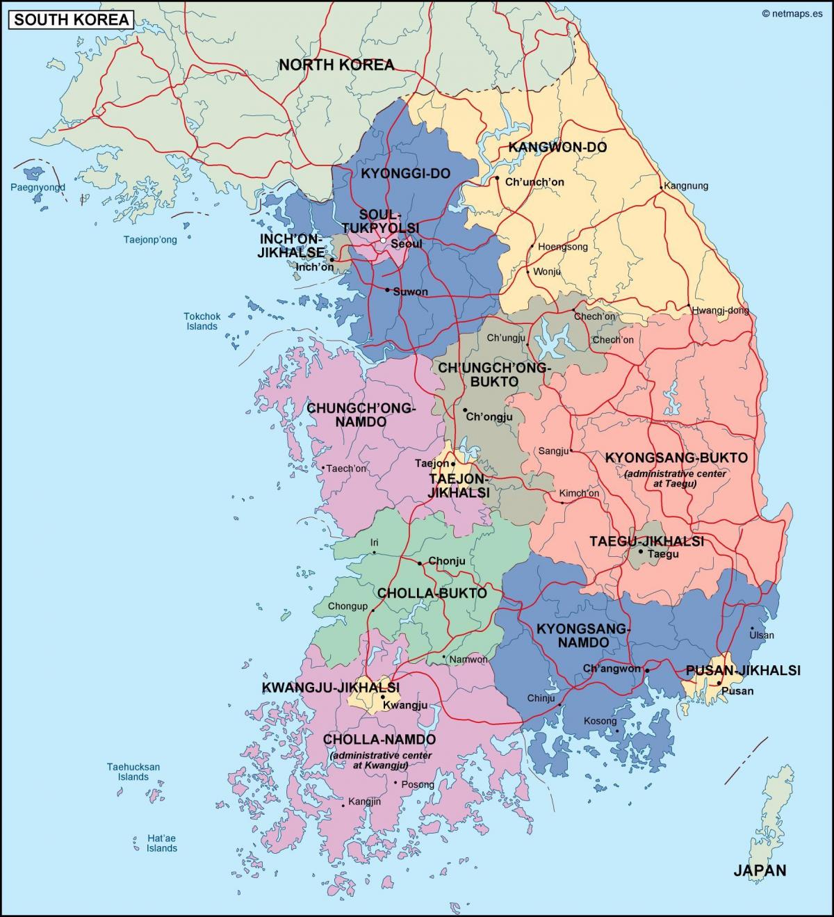 Carte administrative de la Corée du Sud (ROK)