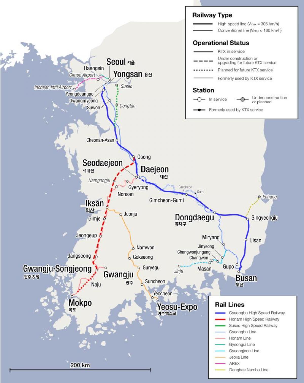 Carte des lignes ferroviaires de la Corée du Sud (ROK)